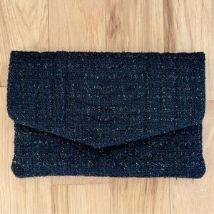 Black Tweed Envelope Clutch with Removable Gold Crossbody Chain